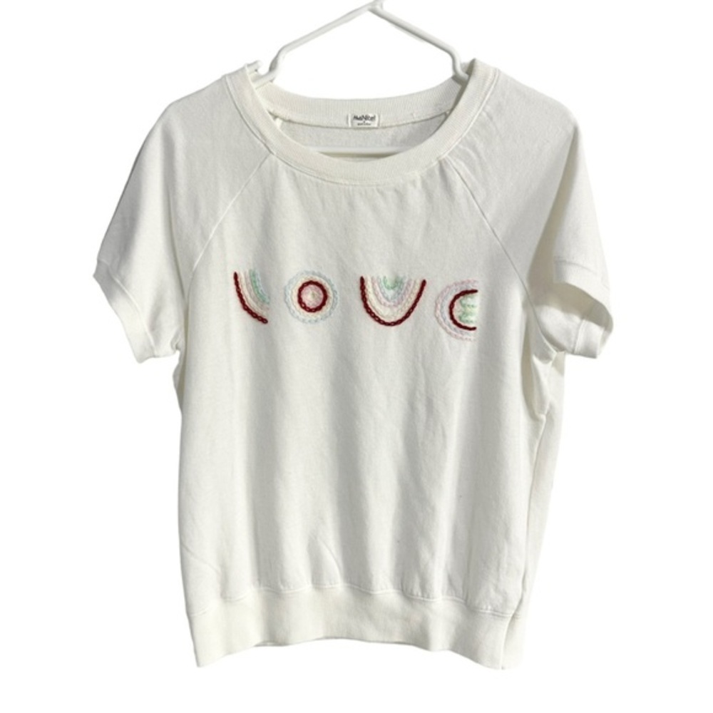 Hello Nite Rainbow Embroidered LOVE Vintage White Short Sleeve Top Size M